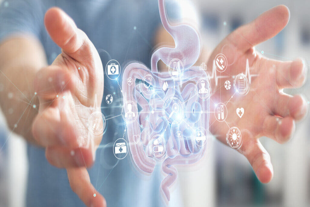 Pessoa com uma simulação do intestino na mão representando o remédio para regularizar o intestino