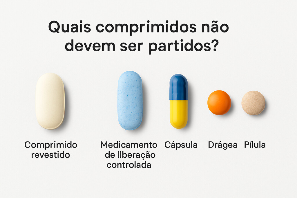 Imagem educativa mostrando quais tipos de comprimidos não podem ser partidos, respondendo à pergunta: pode partir comprimido?