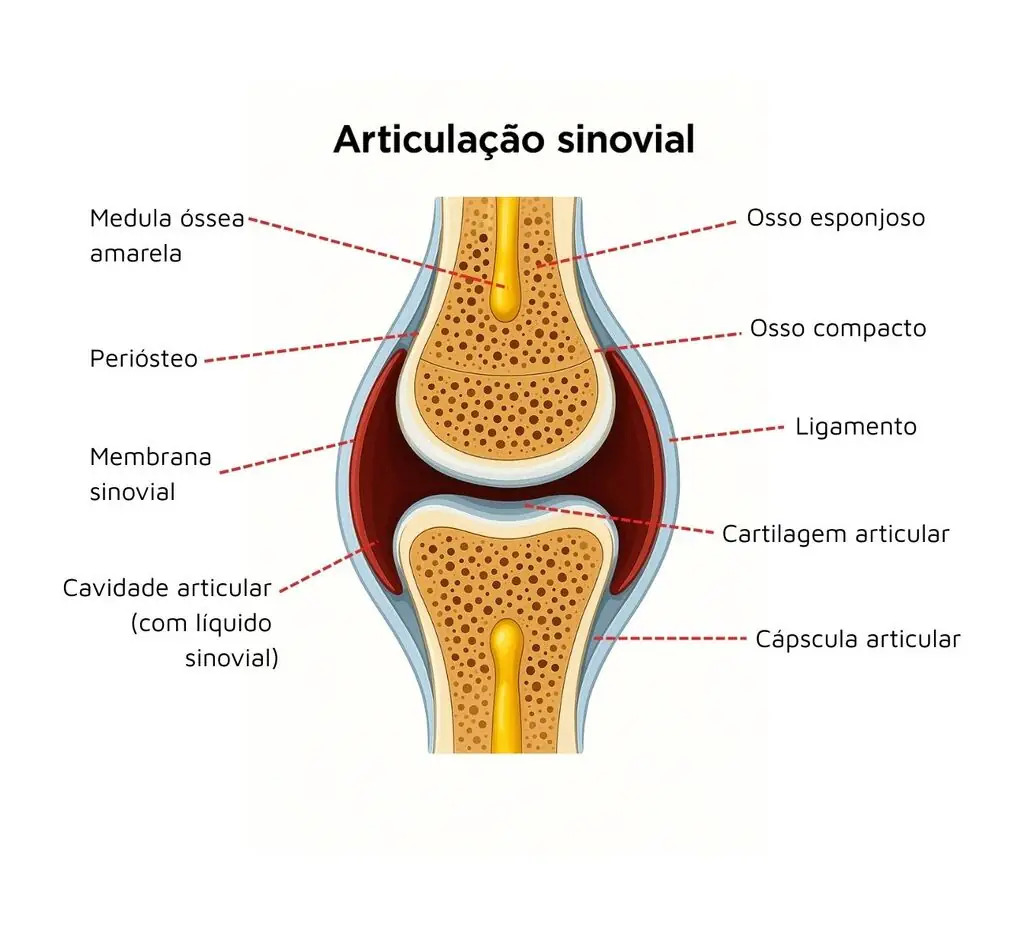 Ilustração da articulação sinovial mostrando ossos, cartilagem e ligamentos