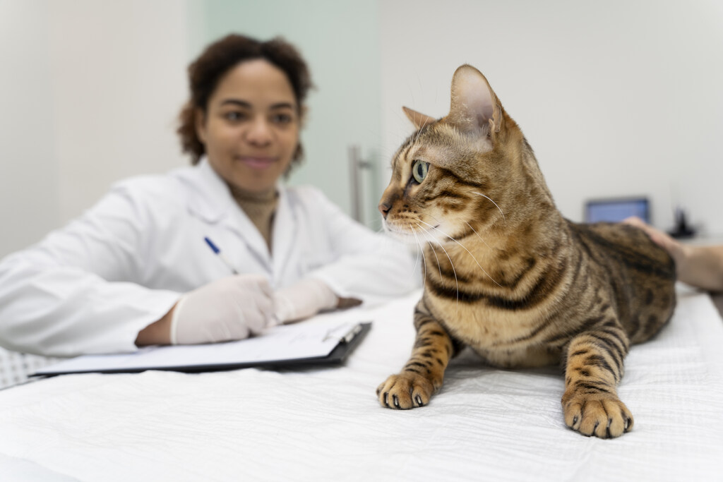 Médica veterinária anota com uma caneta em uma folha que está presa em uma prancheta, em frente a um gato rajado deitado em uma maca veterinária.